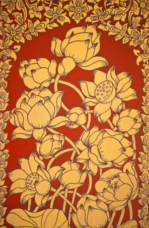 Ancient Thai Mural flower painting of flowers on the templeの写真素材