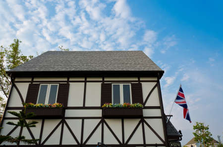 A European building with old-fashion style with vivid blue sky のeditorial素材