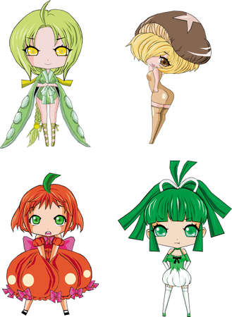 Veggie Girl 1 - Long bean, Mushroom, Pumpkin, Onionのイラスト素材