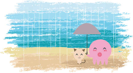 An Octopus is holding umbrella for a little kitten. Cute couple with watercolor background の写真素材
