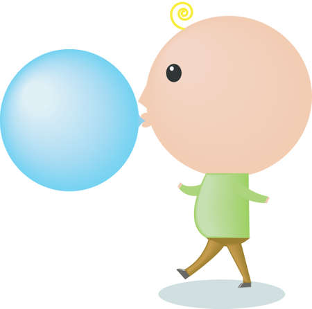 An illustration of a big-headed boy is blowing a bubble gumのイラスト素材