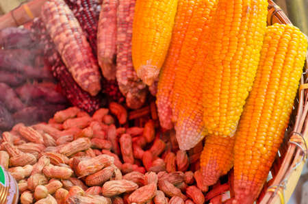 Tradition smoked corn and pea in Thai rural marketの写真素材