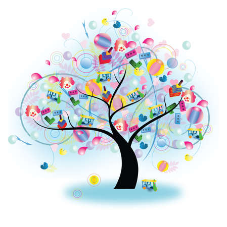 Tree of children toys  including TukTuk from Thailand  hanging on  Create by vector のイラスト素材