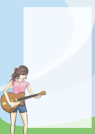 A plain notepad for everyone to use with a girl playing a guitar on the right.のイラスト素材