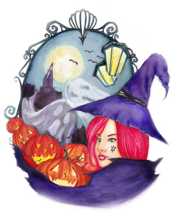 An illustration of an Halloween witch, done by watercolorの写真素材