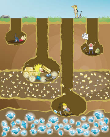 Mine of Effort. 4 miners dig for treasures. The one which never give up will win an ultimate reward.のイラスト素材