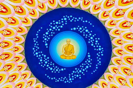 NAKORNPATOM, THAILAND - NOVEMBER 09: Mural painting of angels and the creator monk from the Marble Tripitaka shrine on November 9, 2012. This place is promoted to be the center of world Buddhism.のeditorial素材