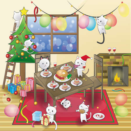 Cute little cats are celebrating a Christmas party (vector).のイラスト素材