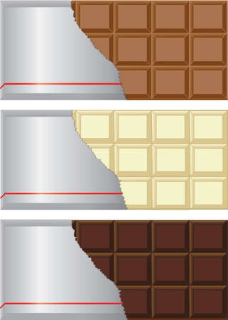 Chocolate bar collection with milk, dark, and white chocolates with the wrapping torn out のイラスト素材