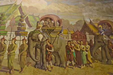BANGKOK, THAILAND - NOVEMBER 20: Ancient Mural painting of Siam royal family convoy in Wat Rachativas on November 20, 2012. Wat Rachativas is an ancient temple famous temple in outskirt of Bangkok.のeditorial素材