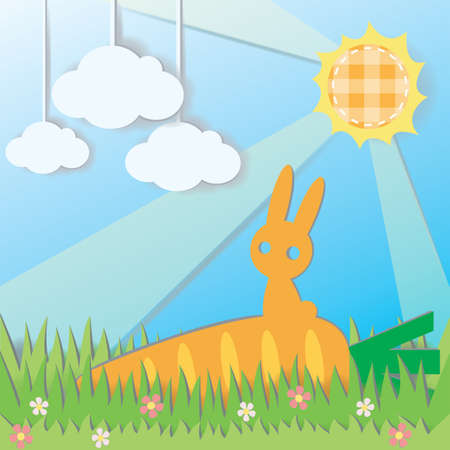 Paper Rabbit on Carrot in field background, create by vectorのイラスト素材