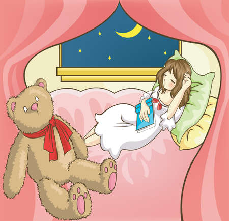 A girl sleeping while reading book in her room, create by vectorのイラスト素材