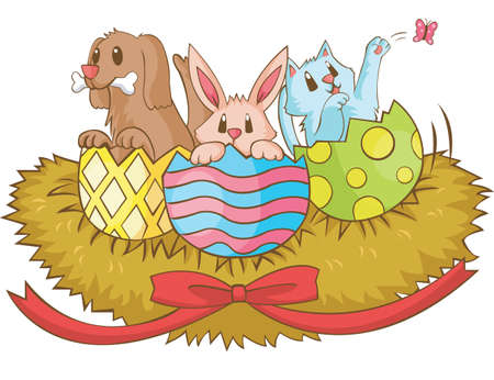 Cute animal hatching from easter's eggsのイラスト素材