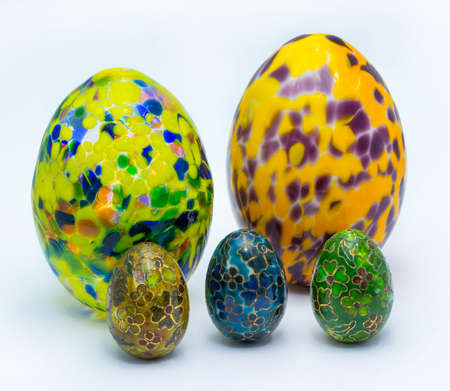 Group of ornate Easter eggs and various design in white backgrondの写真素材
