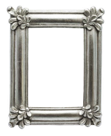 Silver Picture Frame with four leaves in the corner in isolated background. It is an antique item.の写真素材