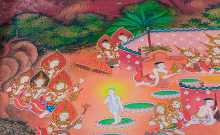 When the Buddha s is born, he walk seven steps and the lotus grow on his path  People and angels celebrate joyfully  の写真素材