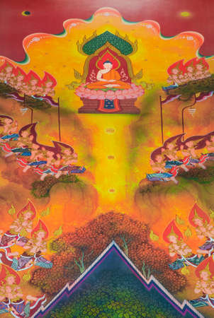 Finally, Siddhattha enlightens as the Buddha which means the awaken one   This is a great achievement for all living things, even gods in heaven praise for the effort の写真素材