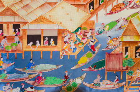 Mural painting of Thai old lifestyle 300 years ago  People are living with water のeditorial素材