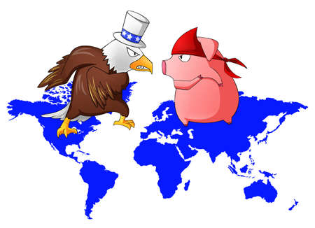 Giant eagle and red pig is fighting above the continent, create by vectorのイラスト素材