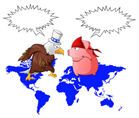 Giant eagle and red pig is fighting above the continent with speech bubble, create by vectorのイラスト素材