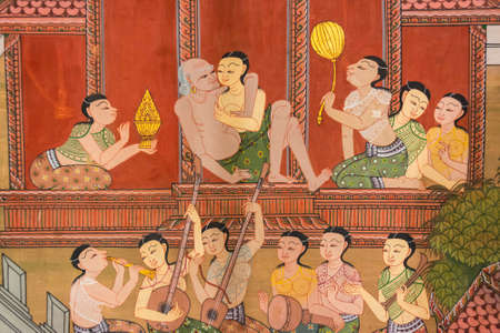 An ancient mural painting of Thai harem in medieval times of Siam about about 200 years ago の写真素材
