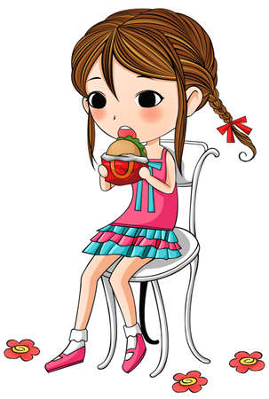 A cute stylish cartoon girl is sitting and having hamburger as her mealのイラスト素材