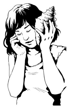 A cute girl is listening to the seashell, absorbing the oceanic atmosphere   vector のイラスト素材