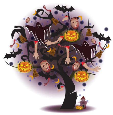 Halloween tree with white ghostのイラスト素材