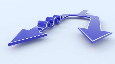 Blue 3D arrow seperates into two distinct path  One is choosing the smooth easy way, another is full of obstacles, but it goes further in the long run の写真素材