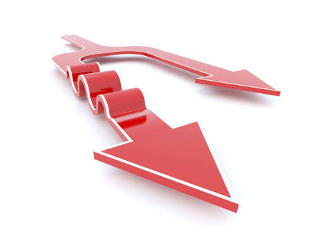 Red 3D arrow seperates into two distinct path  One is choosing the smooth easy way, another is full of obstacles, but it goes further in the long run の写真素材