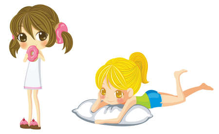 Two sprite girl set  One is eating annd one is lying on a pillowのイラスト素材