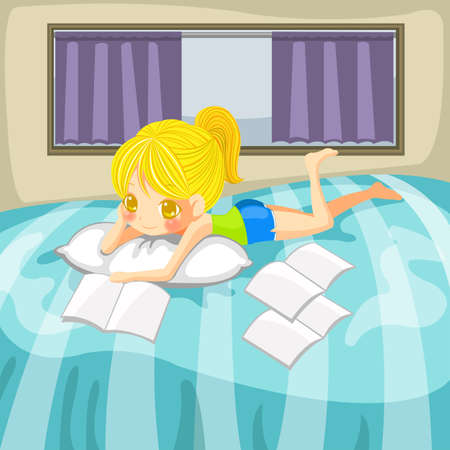 Cute little girl is reading books on her bed in her roomのイラスト素材