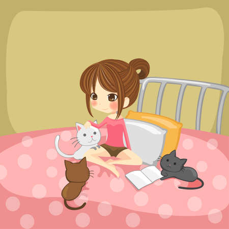 Cute little girl playing with little kittens on her bedのイラスト素材