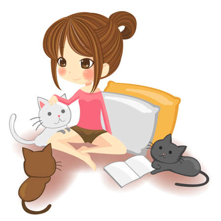 Cute little girl playing with little kittens in white backgroundのイラスト素材