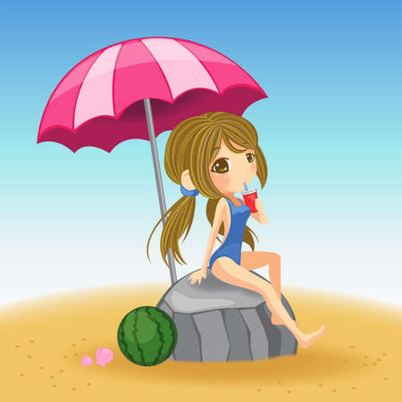Cute girl in swimsuit resting on the rock in the beachのイラスト素材
