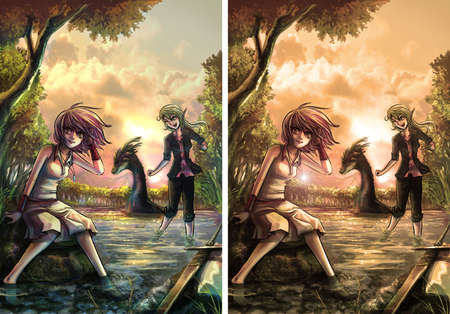 Two cute fantasy girls resting on the riverside bank in the peaceful atmosphereの写真素材