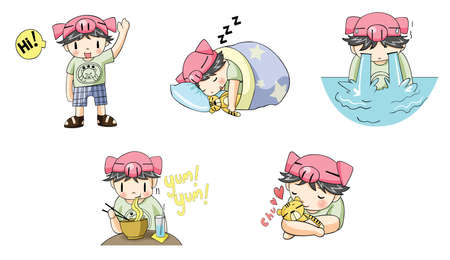 Piggy boy cartoon icon in various action setのイラスト素材