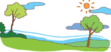 Child cartoon summer hill landscape background with green environmentのイラスト素材
