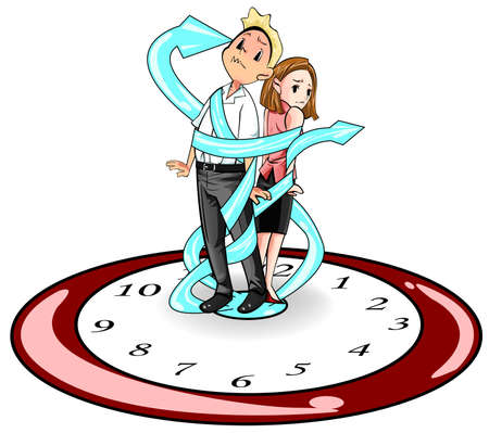 Man and woman in present days are imprisoned and bounded by time like standing on a giant clock and strap by the clock hand, create by vectorのイラスト素材