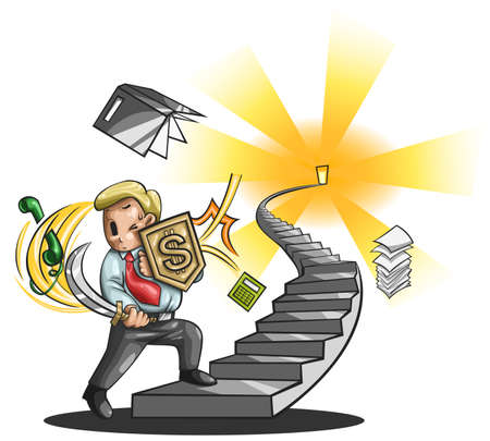 Path to a great businessman  An businessman is walking up the stairs fighting every obstacle in the way, create by vectorのイラスト素材