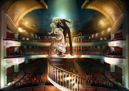 A staring couple are performing love scene show in grand the theater with fantasy atmosphereの写真素材