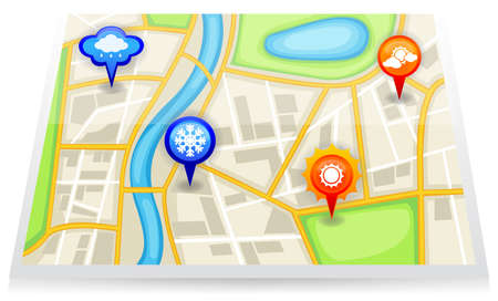 A city map with red different weather forecast marker, create by vector