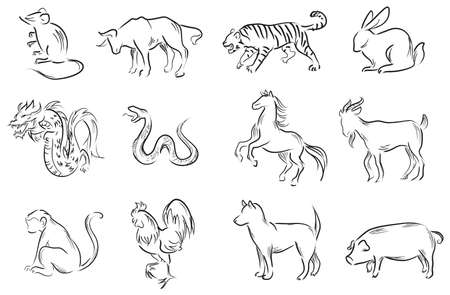 Professional brush painting set of Chinese twelve zodiac signs, create by vectorのイラスト素材