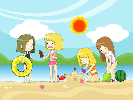 Young girls playing on the beach, create by vectorのイラスト素材