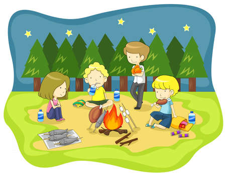 Children campfire in the wilderness at night and having fun with dinner, create by vectorのイラスト素材