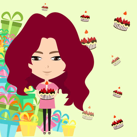 Cute cartoon girl in birthday party with many cakes and presents background, create by vectorのイラスト素材