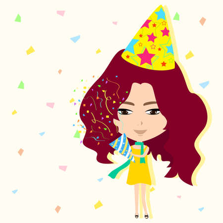 Cute cartoon girl in new year party with many cakes and presents background, create by vectorのイラスト素材