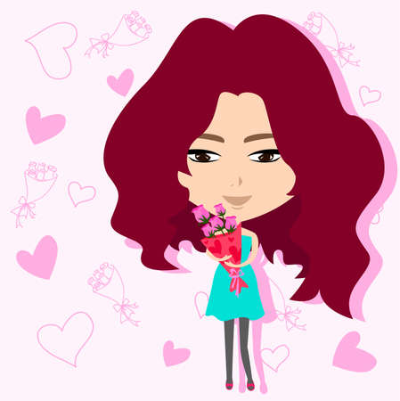 Cute girl holding flower bouquet in romance background, create by vectorのイラスト素材