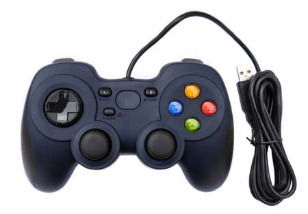 Black joystock for console video game in isolated background