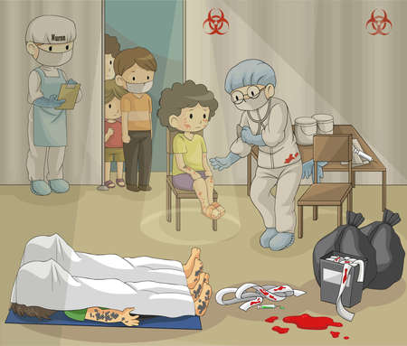 Ebola or epidemic disease is spreading harshly. Doctor is examining group of people in quarantine zone. (vector)のイラスト素材